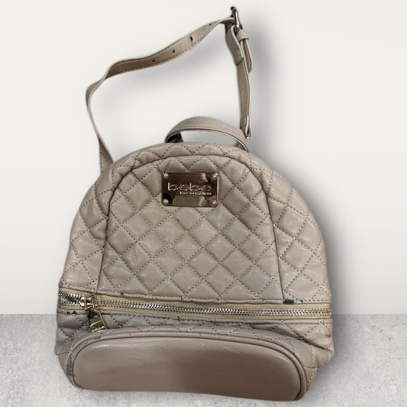 bebe Handbags - Bebe Beige Quilted Backpack with Gold Details